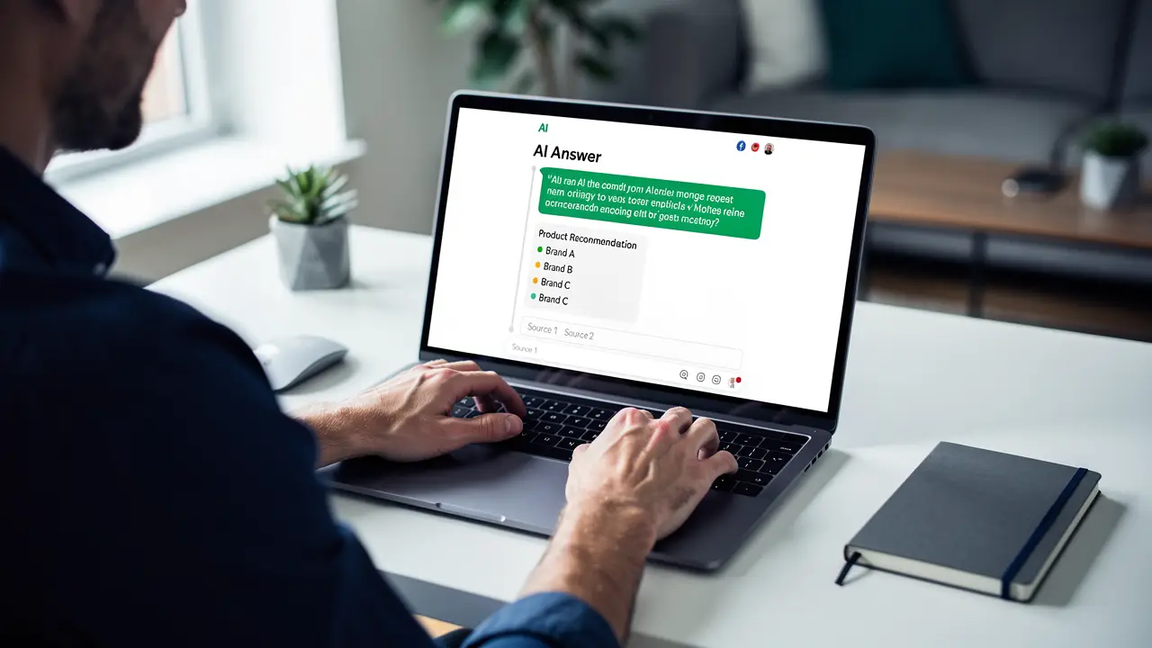 A person reading an AI-generated answer on a laptop that names and cites brands