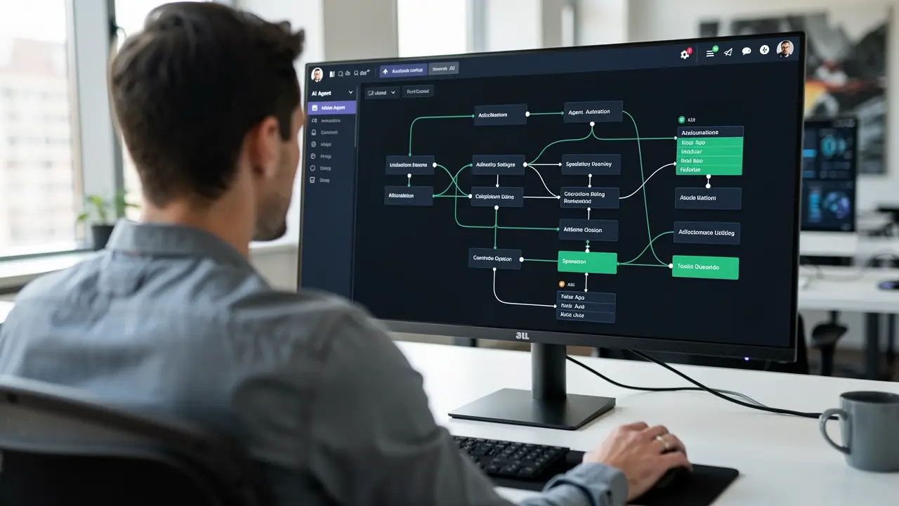 A developer at a desk reviewing an AI agent workflow on screen with steps executing automatically