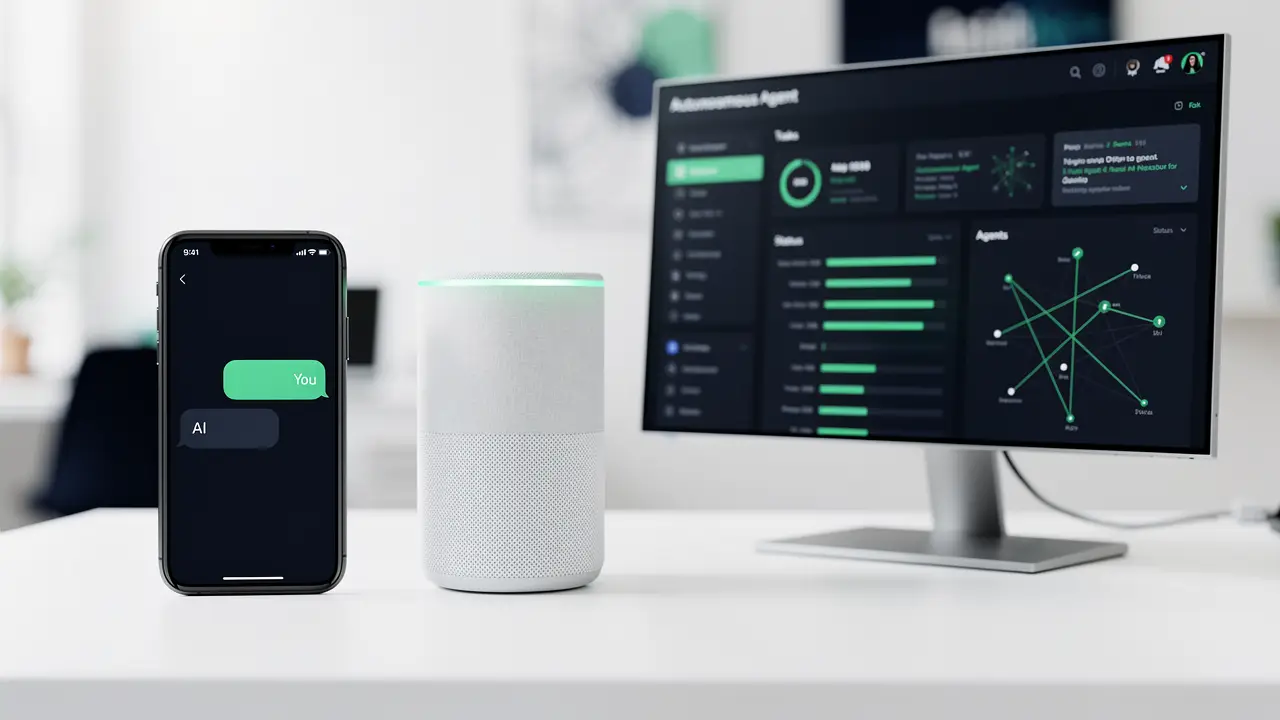 Three product screens side by side showing a simple support chatbot, an AI writing assistant, and an autonomous AI agent completing a task