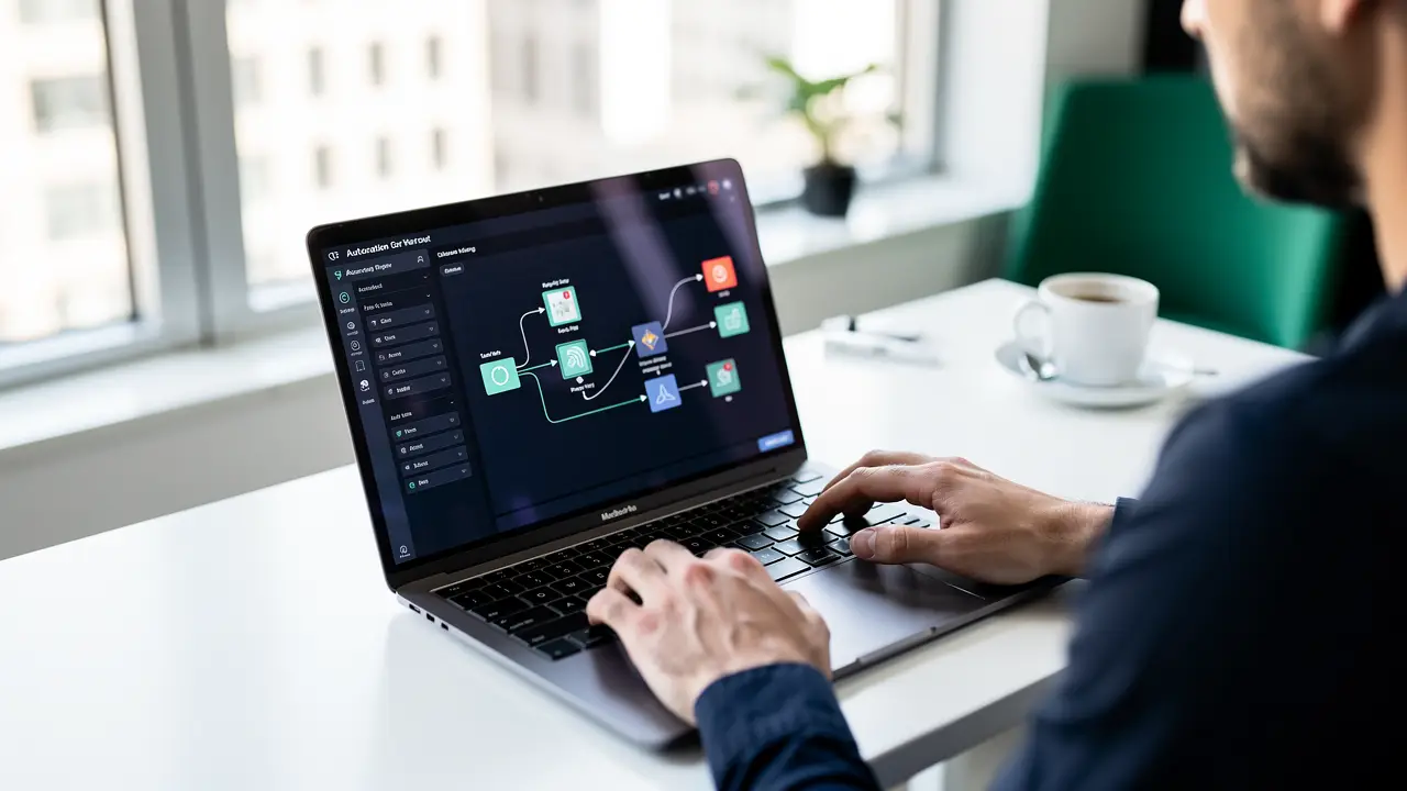 A workspace showing an AI automation workflow being built visually with connected nodes on screen, representing everyday AI automation jobs