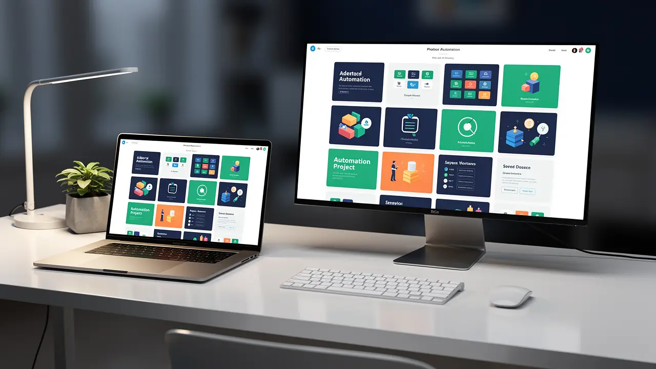 A portfolio gallery of AI automation workflow case studies shown on screens