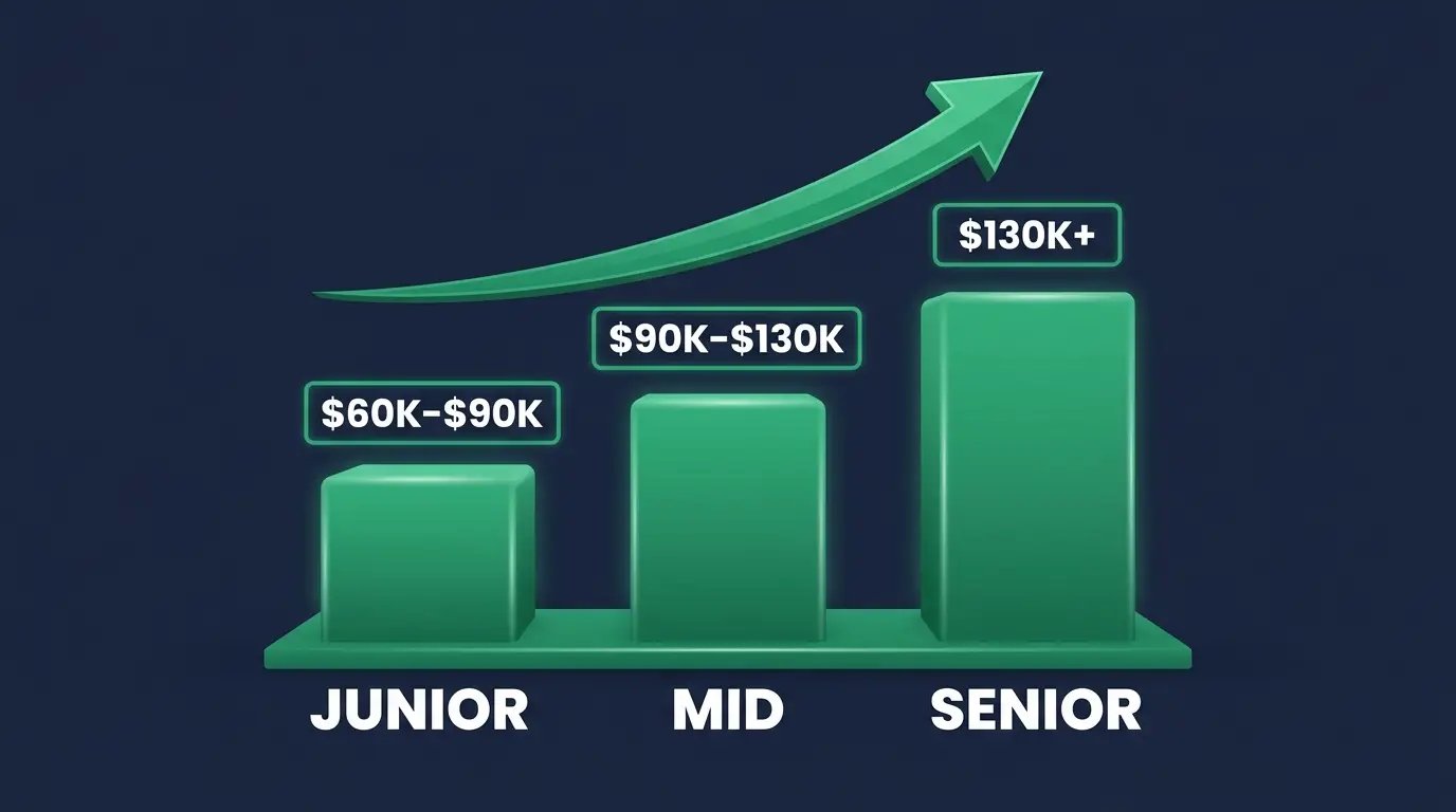 Rising salary bars made of glowing blocks beside automation workflow icons