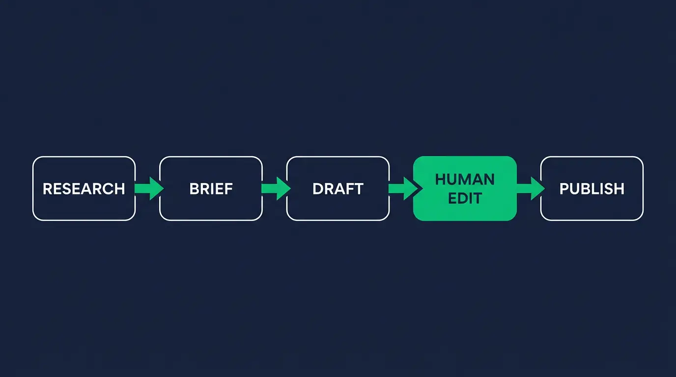 Diagram of an AI content automation pipeline showing research, brief, draft, human edit, and publish stages
