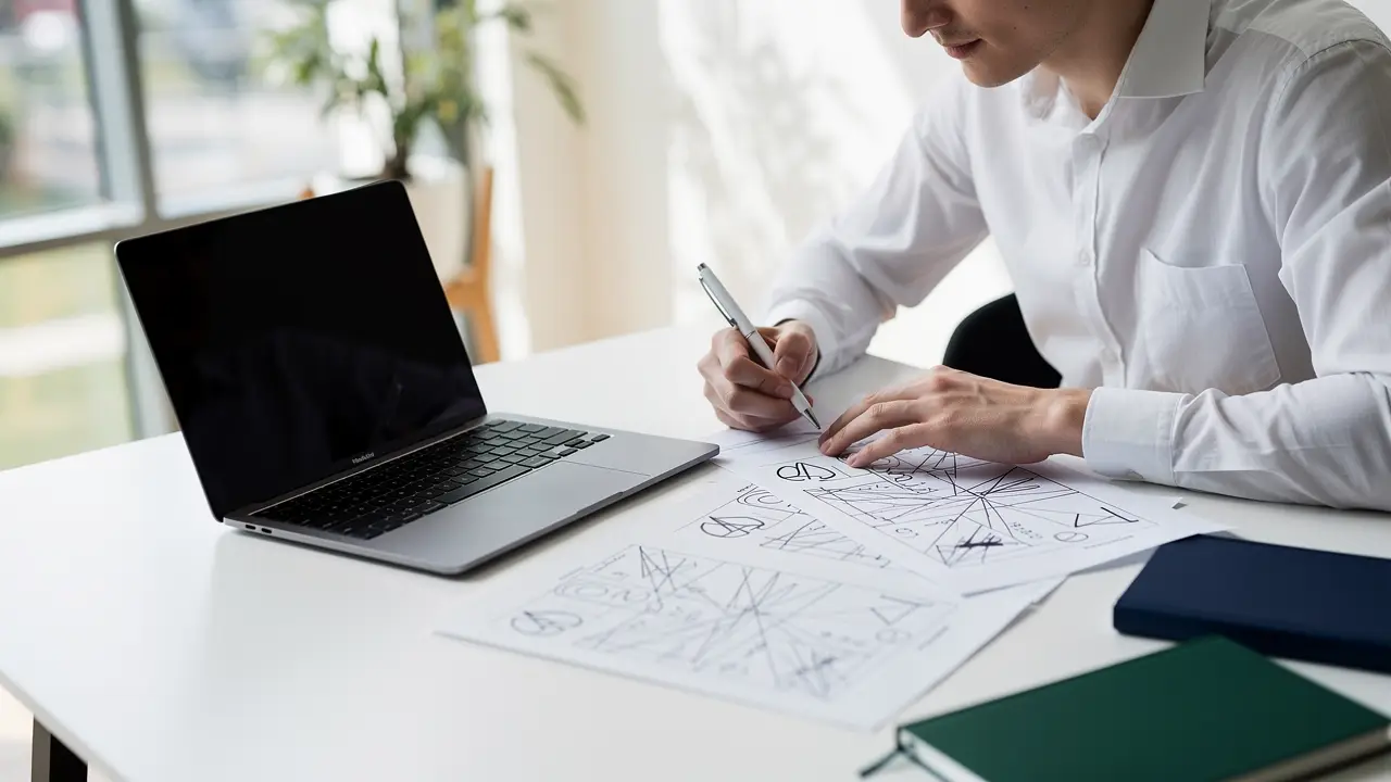 A person editing an AI-generated draft on a laptop, adding personal notes and corrections to raw copy
