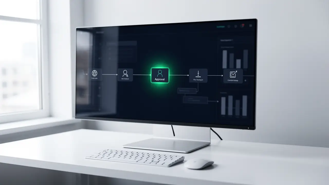 A workflow automation dashboard connecting an AI model to a CMS with a human approval step highlighted in the content pipeline