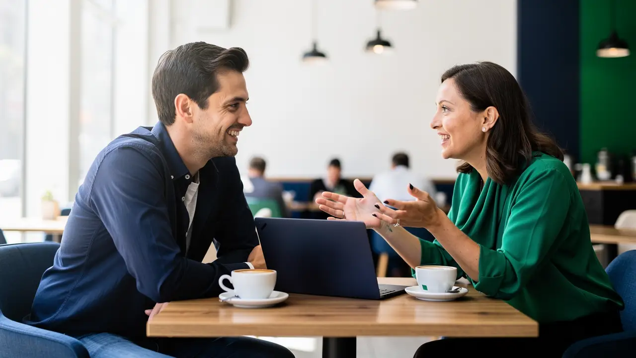 A freelancer meeting a local small business owner to discuss work