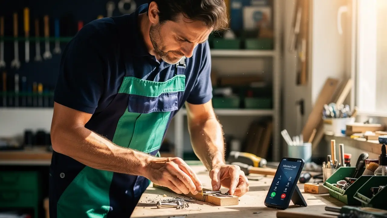 A small business owner unable to answer a ringing phone while working