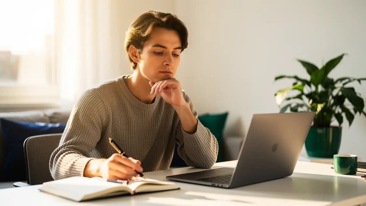 A career-changer sitting at a laptop with a notebook, weighing a big decision about whether to enroll in a coding bootcamp