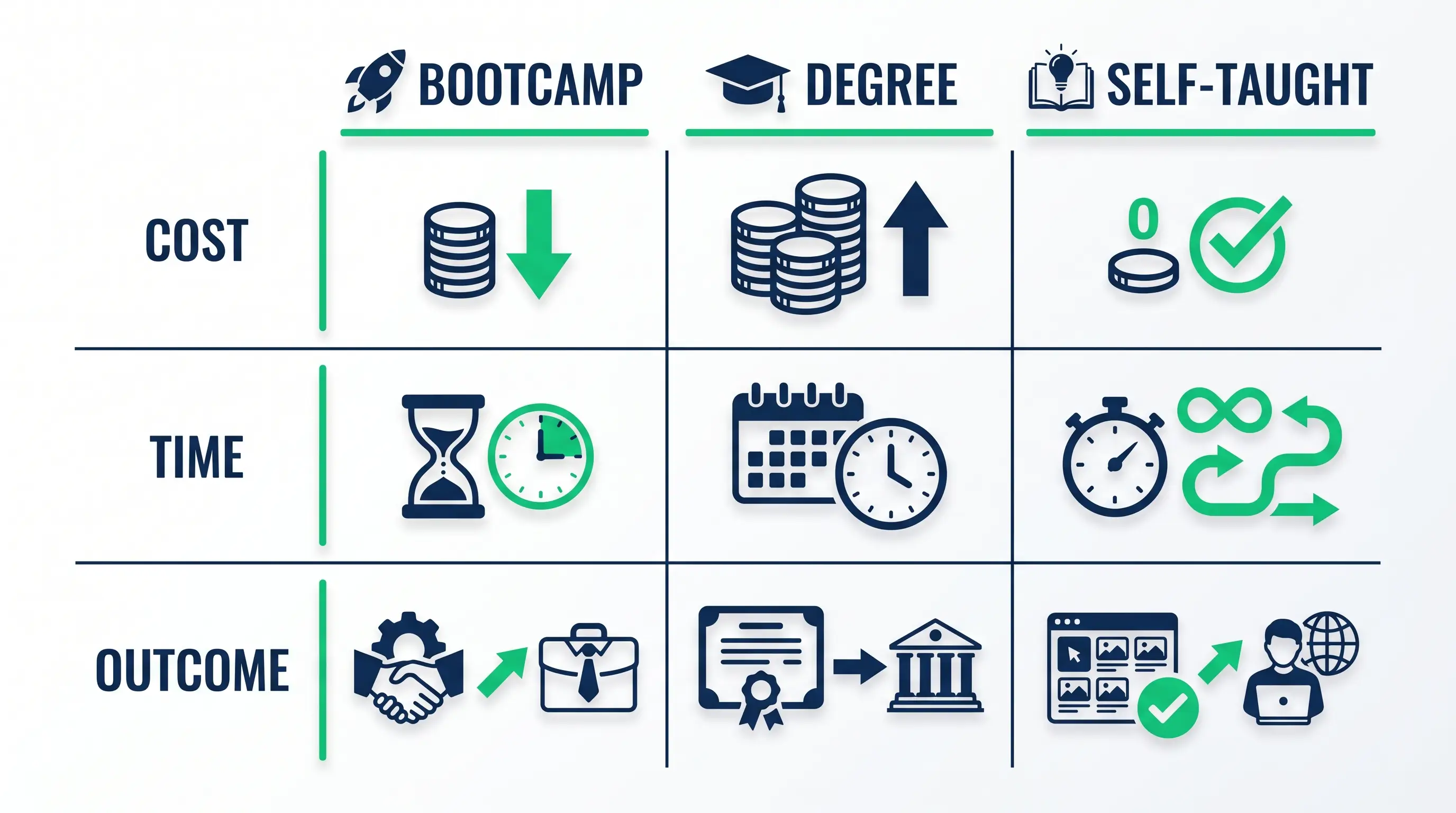 A comparison diagram showing coding bootcamp versus computer science degree versus self-taught across cost, time, and outcome