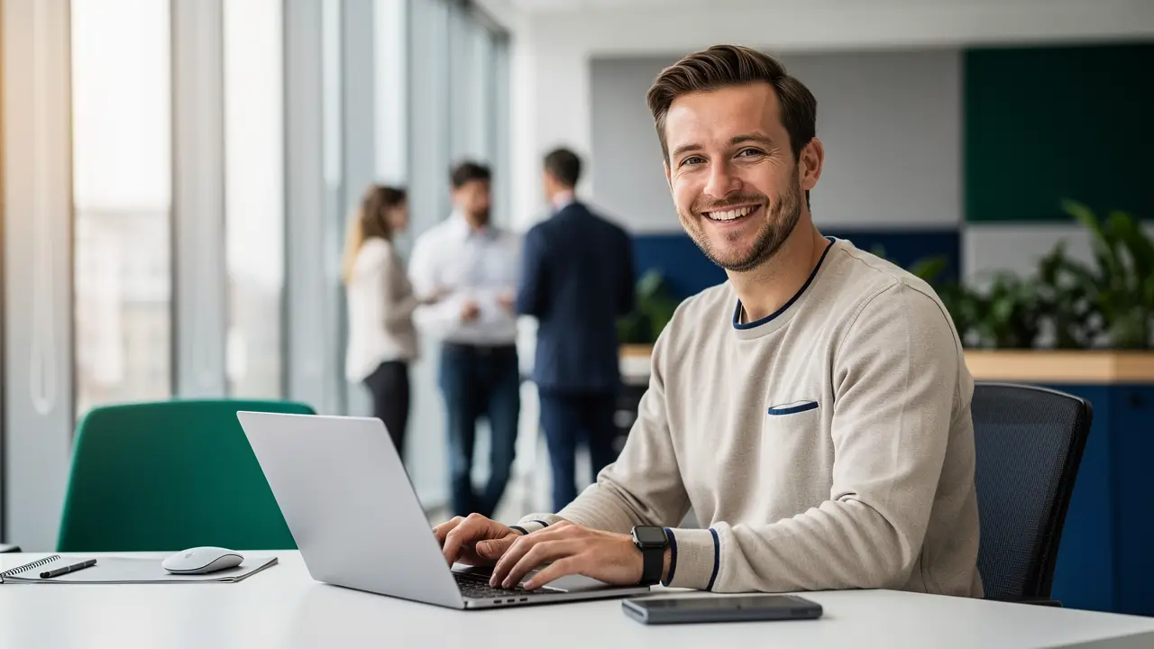 A happy career-changer smiling at their desk in a new tech job after learning to code