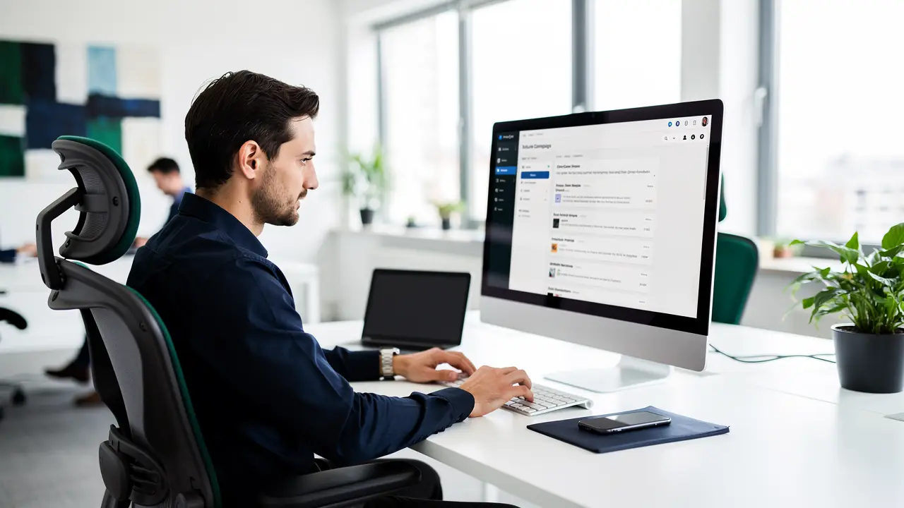 Photorealistic scene of a marketer reviewing automated B2B email sequences and open rates on a laptop dashboard