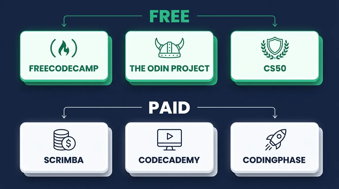 The best affordable coding courses, free and paid: freeCodeCamp, The Odin Project, CS50, Scrimba, Codecademy, CodingPhase