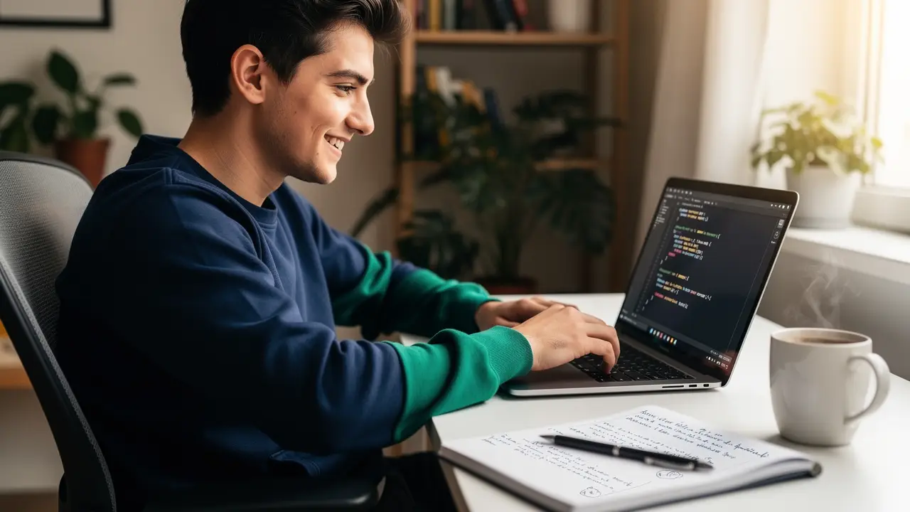 Happily learning to code affordably on a laptop at a cozy home desk