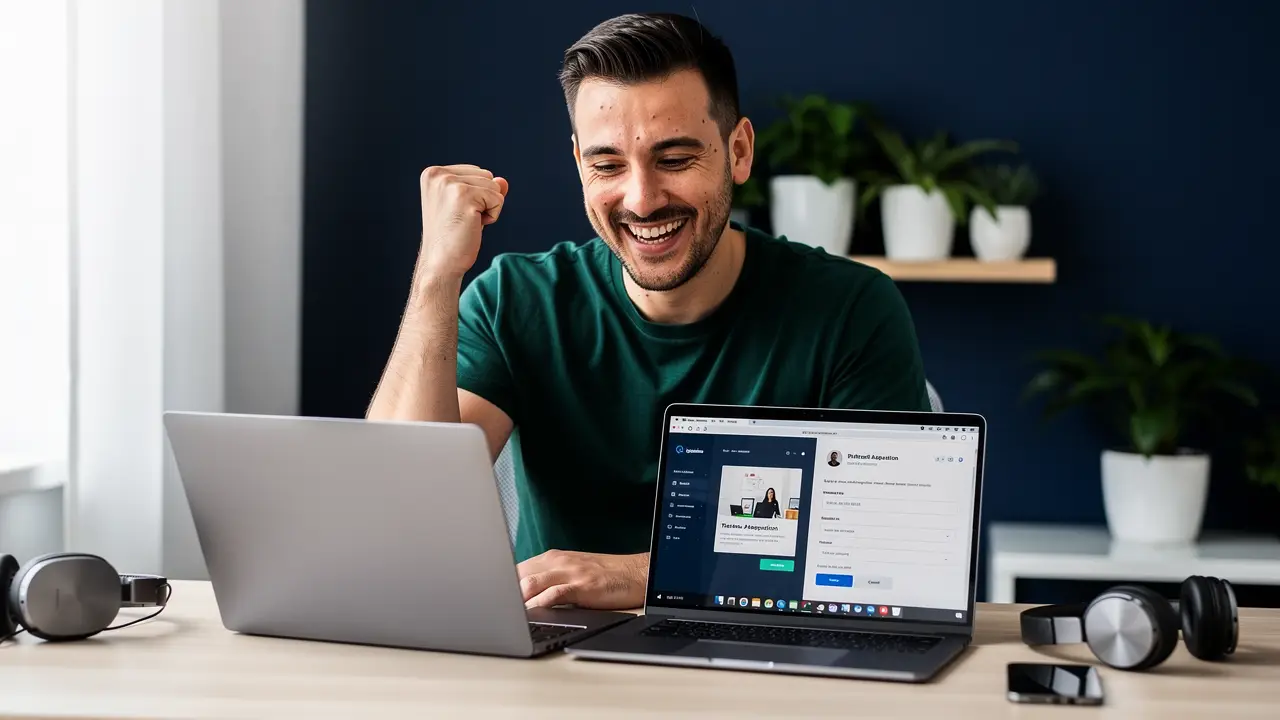 A career switcher celebrating a finished project and a job application