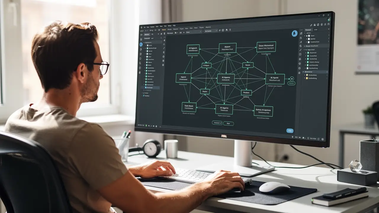 Developer at a desk comparing AI agent framework documentation on two monitors, deciding which agent framework fits the project