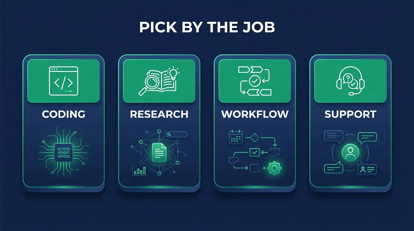 AI agents sorted by job: coding, research, workflow and support