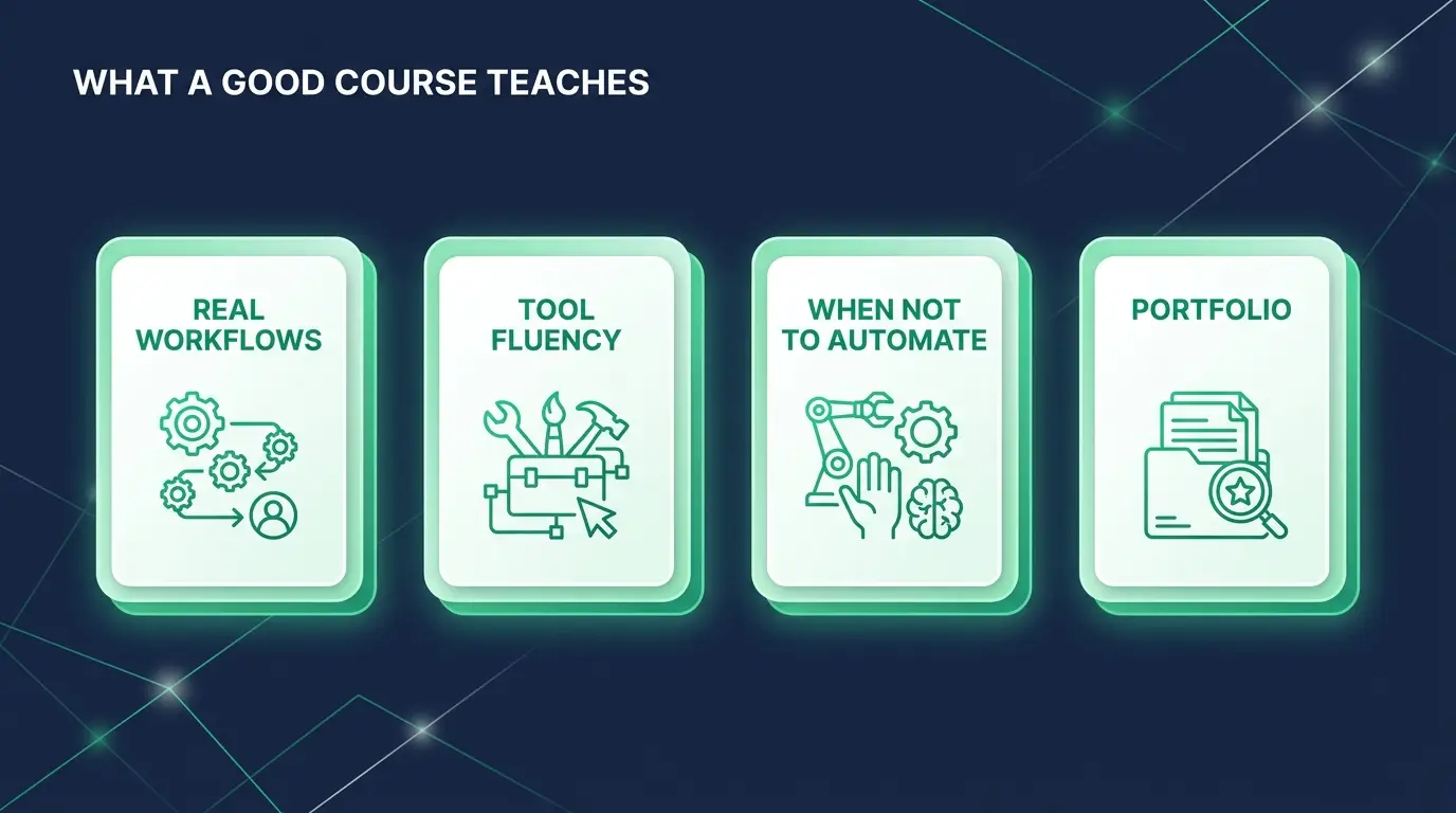What a good AI automation course teaches: real workflows, tool fluency, judgment and a portfolio