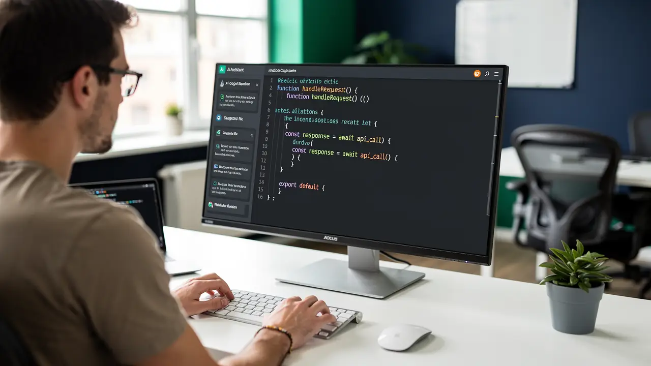 Developer at a desk reviewing AI coding agent output on a large monitor with a terminal open