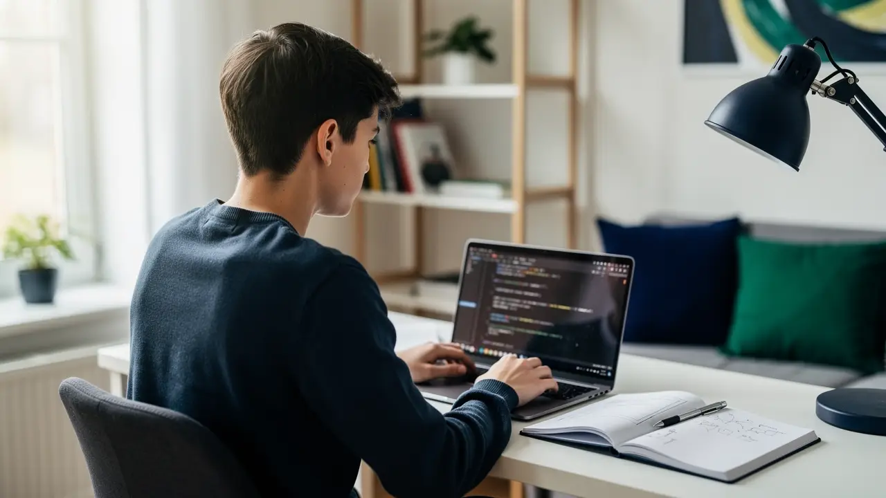 A beginner learning to code at a laptop with an AI coding assistant open, using an AI coding agent to learn faster