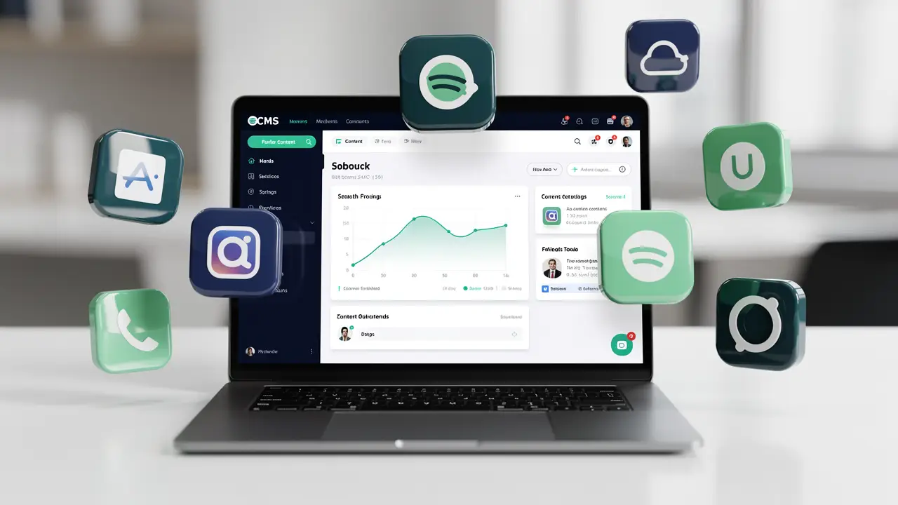 A content management system dashboard surrounded by CMS platform icons
