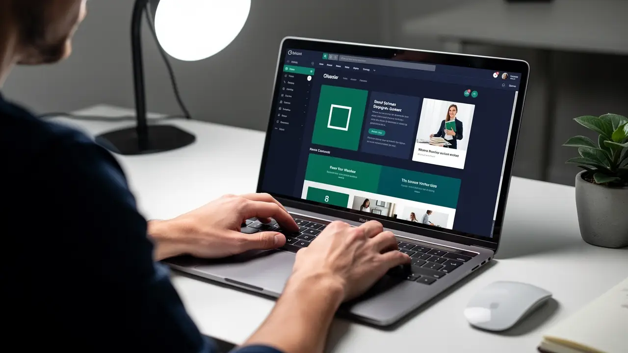 Building a website with content blocks in a CMS on a laptop