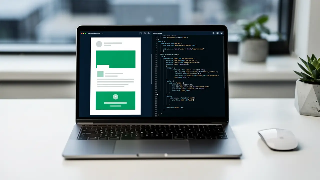 Email developer tool showing a newsletter template beside HTML and CSS code on a laptop