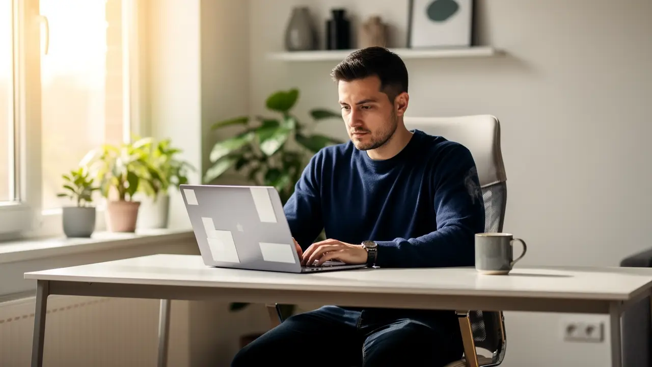 A person learning to code at a laptop, working through an online coding bootcamp curriculum