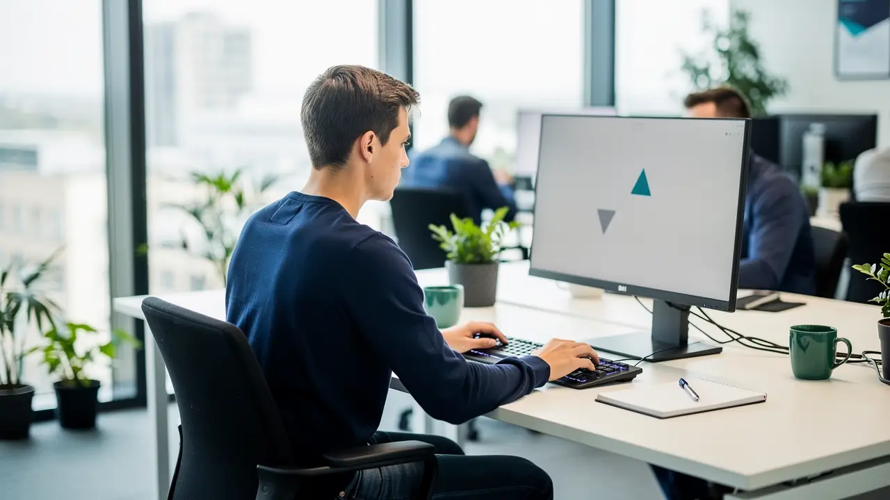 A new developer working at their desk in a tech job after finishing an online coding program