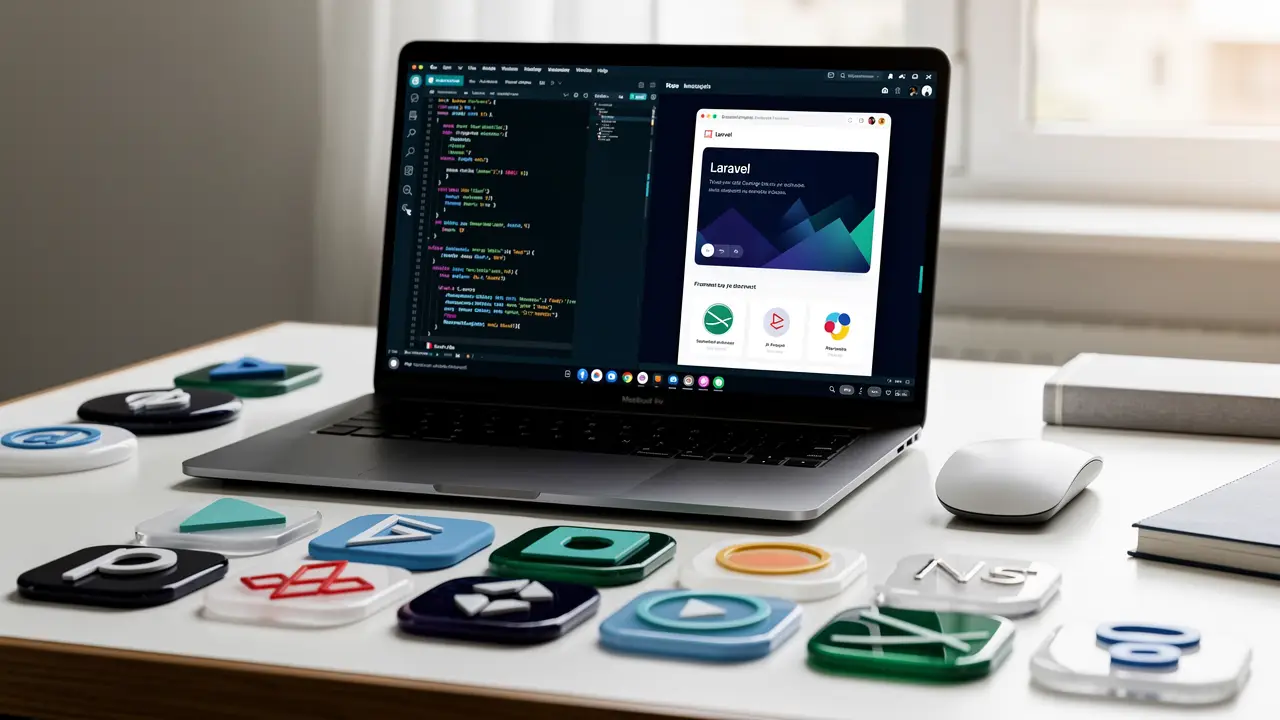 A laptop showing Laravel PHP framework code surrounded by framework icons