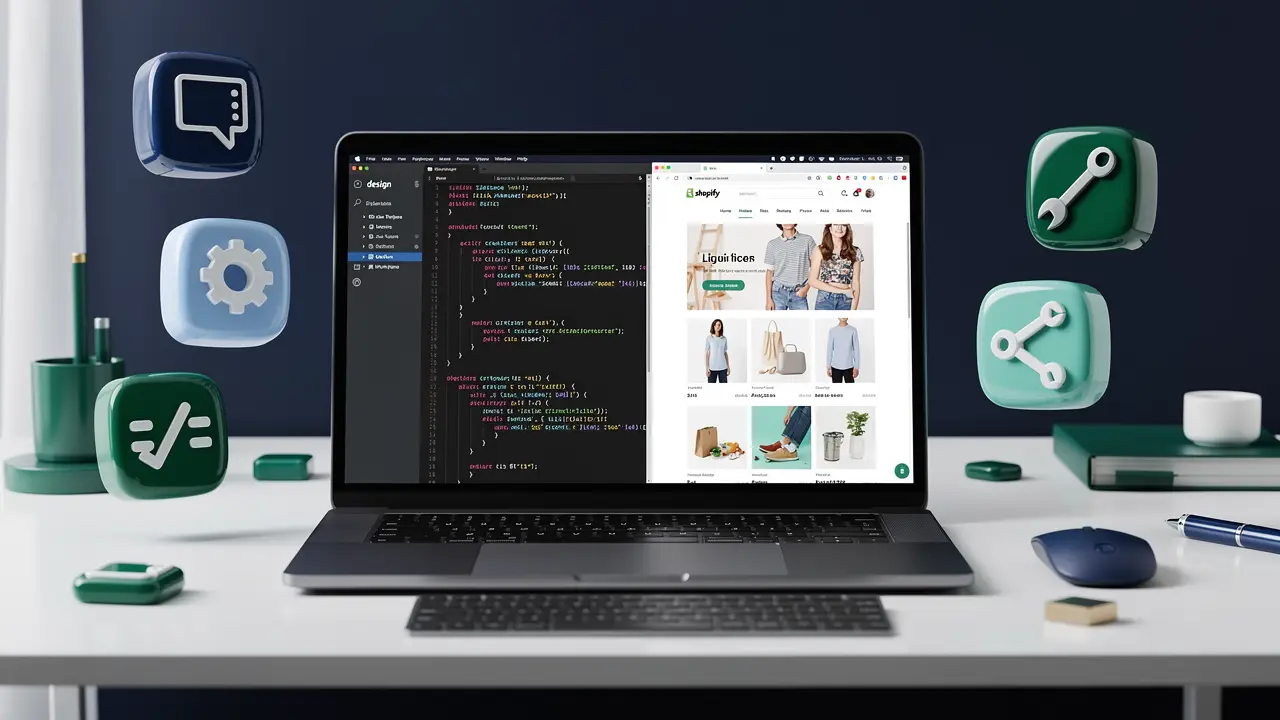 A Shopify theme development interface with Liquid code, a store preview and tool icons