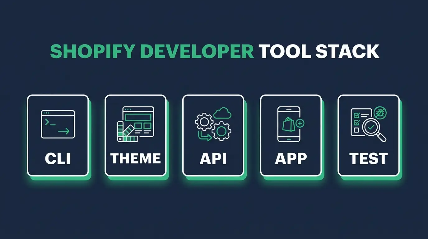 A Shopify developer tool stack: CLI, theme, API, app and testing