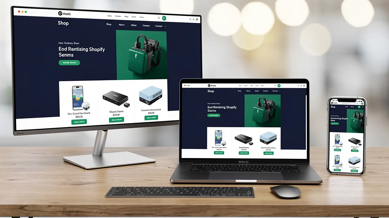 A Shopify store previewed across desktop, laptop and phone for testing