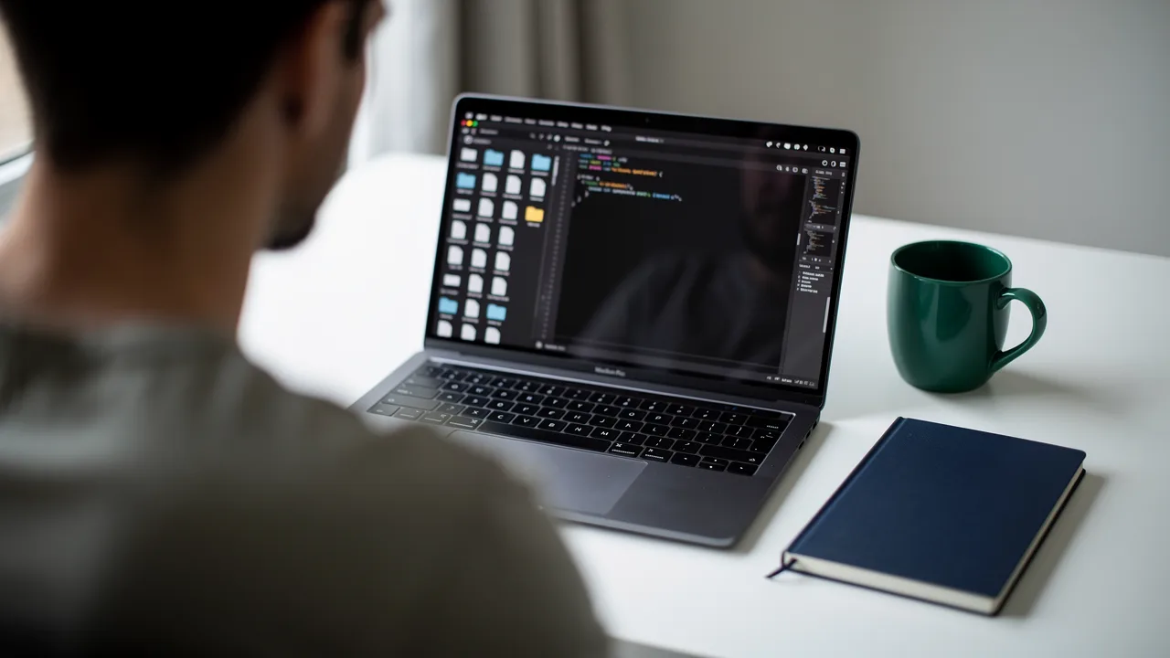 Developer reviewing a Claude Code auto memory folder with a MEMORY.md index and topic files open on a laptop