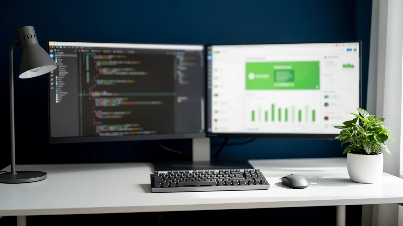 Developer workstation with a CLAUDE.md file open in a code editor on one monitor and the web app it describes on the other