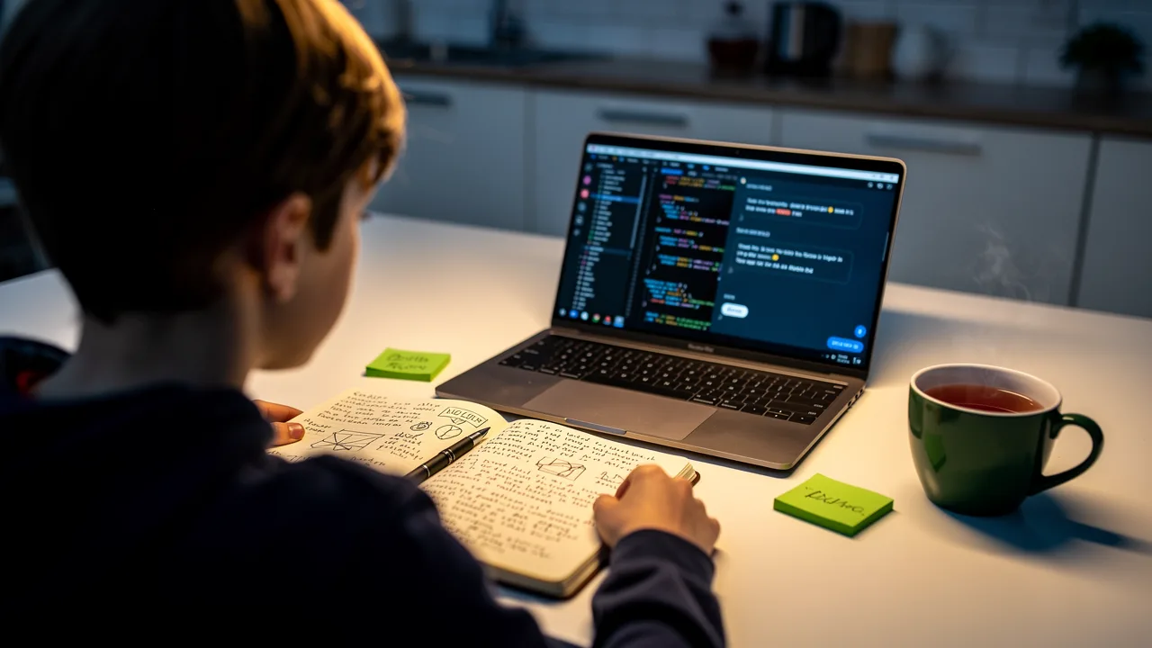 Learner studying programming at a laptop with an AI coding assistant open beside a paper notebook