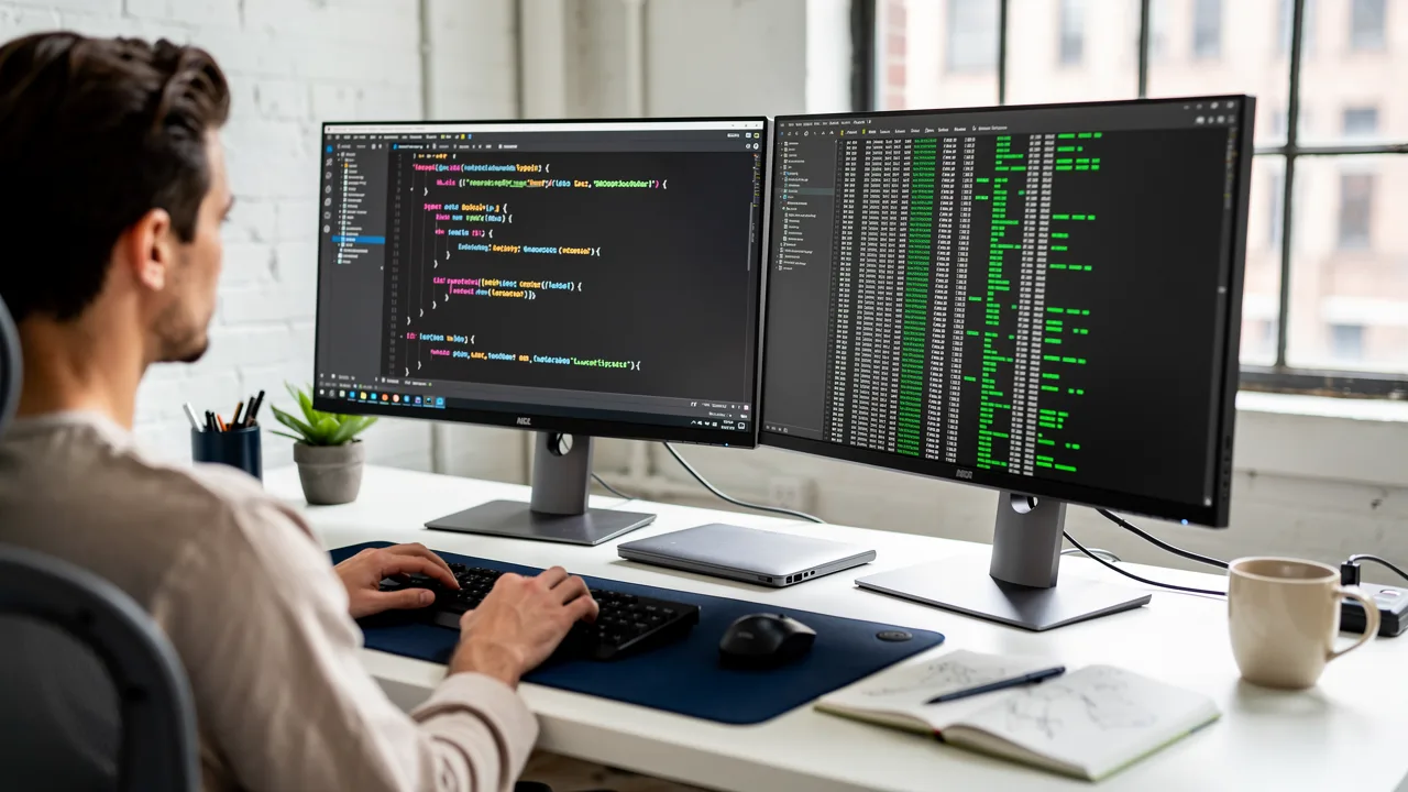 Developer at a desk building a Claude Agent SDK agent in TypeScript with a terminal showing tool calls
