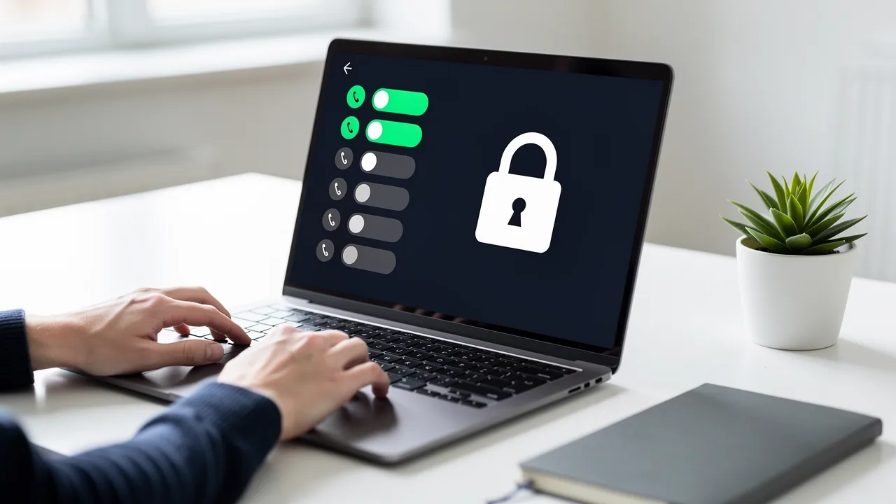 Laptop showing permission toggles and a padlock, representing Claude Agent SDK tool permissions and agent guardrails