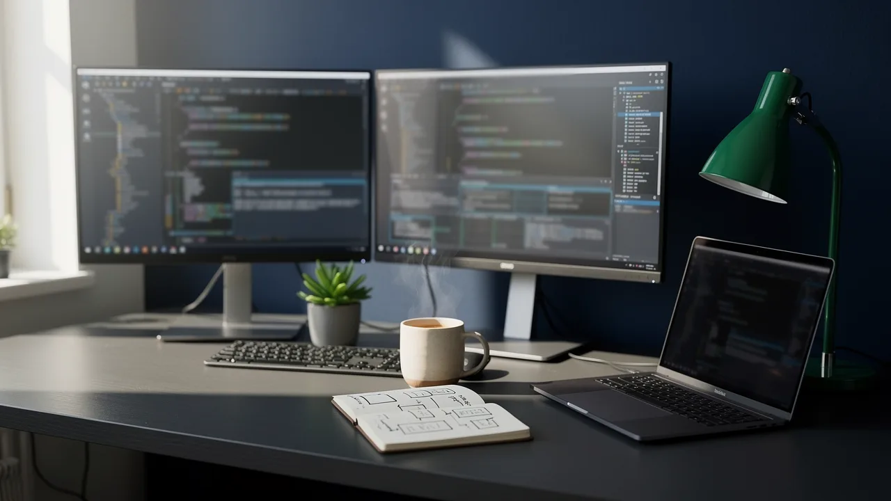 Developer desk with two monitors and a laptop showing code side by side, a picture of Claude Code subagents working on independent tasks in parallel