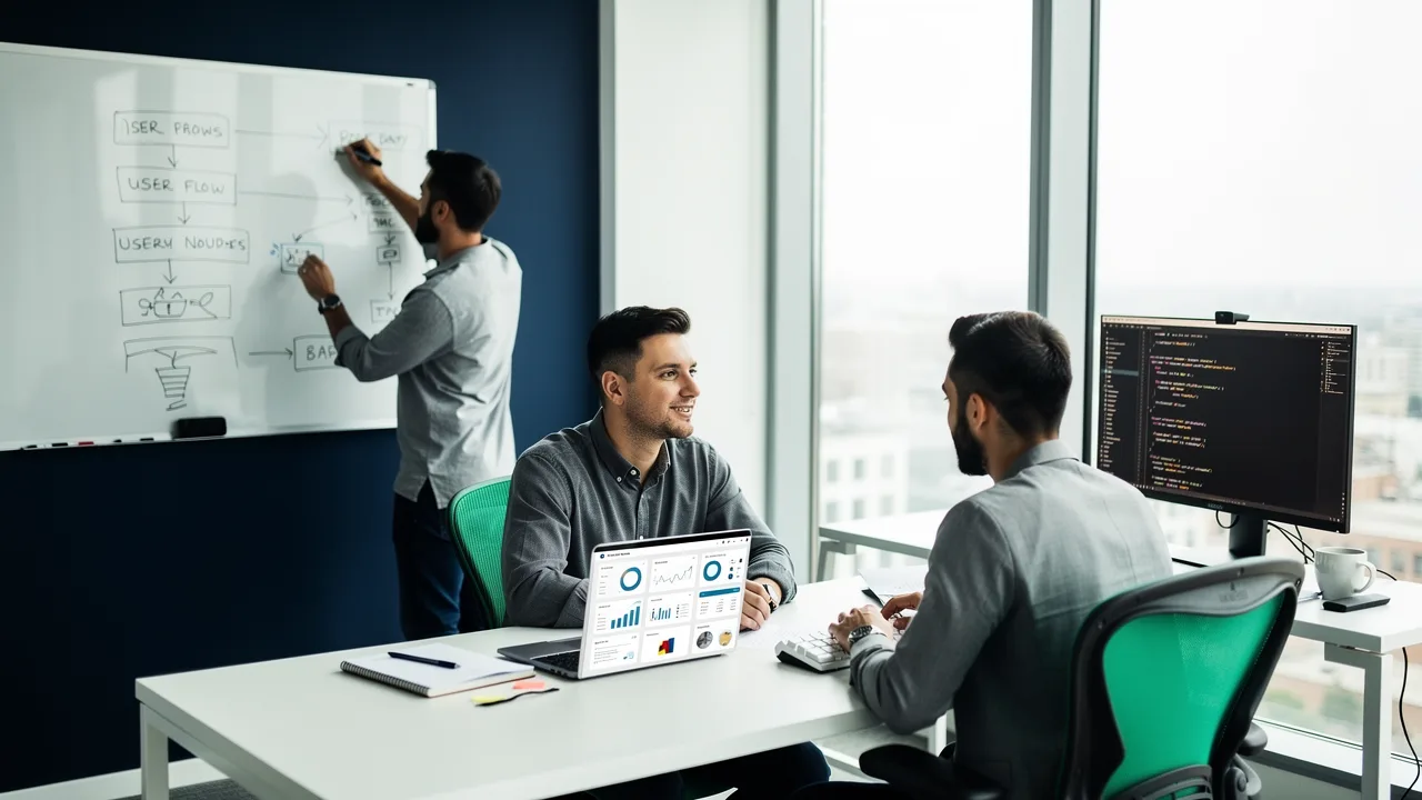Three people working on the same content management system