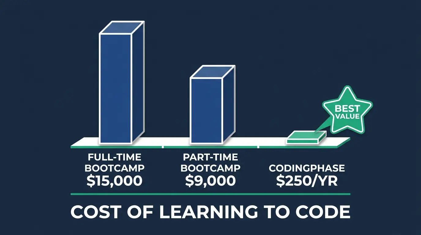 What learning to code costs: full-time and part-time bootcamps versus a CodingPhase membership at $250 a year