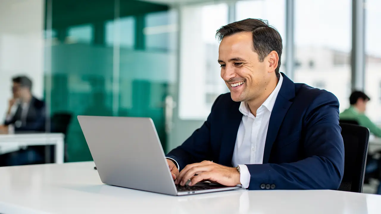 A hiring manager reviewing a strong developer portfolio and smiling
