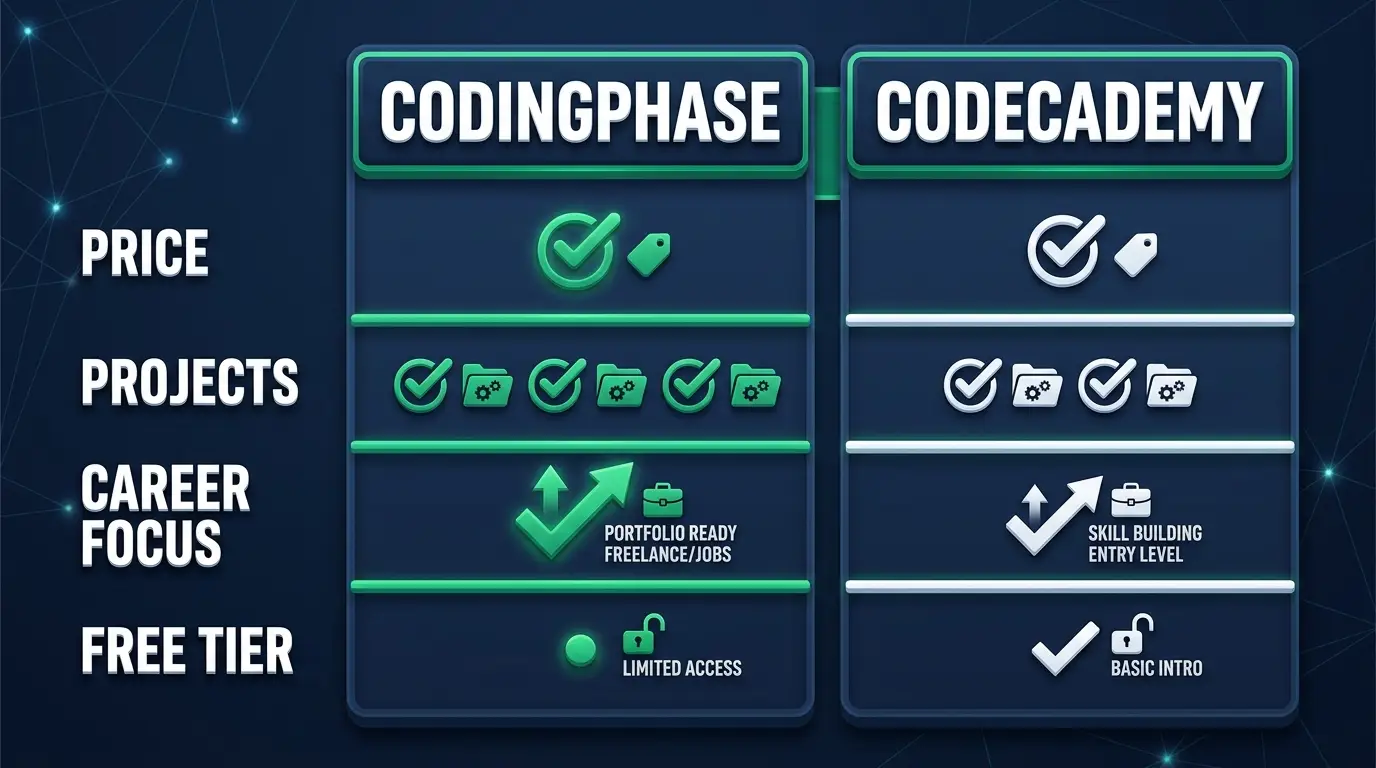 CodingPhase versus Codecademy compared on price, projects, career focus and free tier