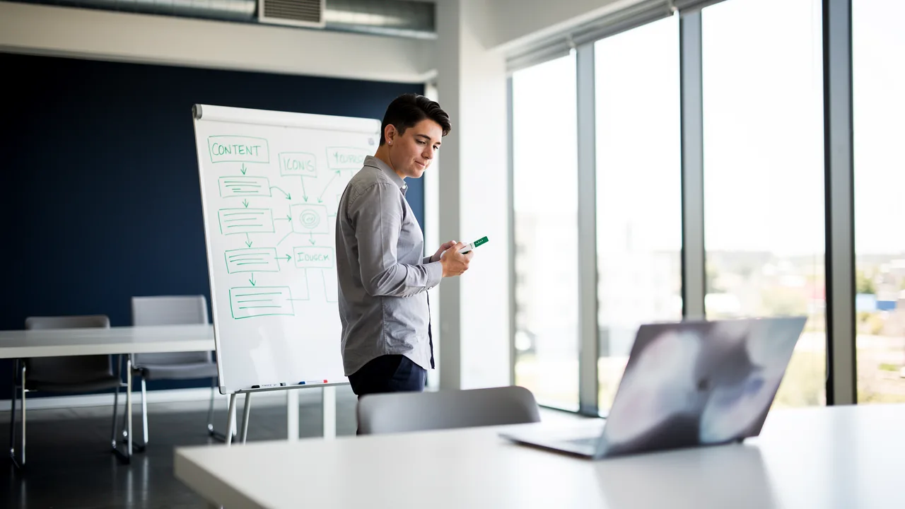 Content strategist mapping out a content plan on a whiteboard