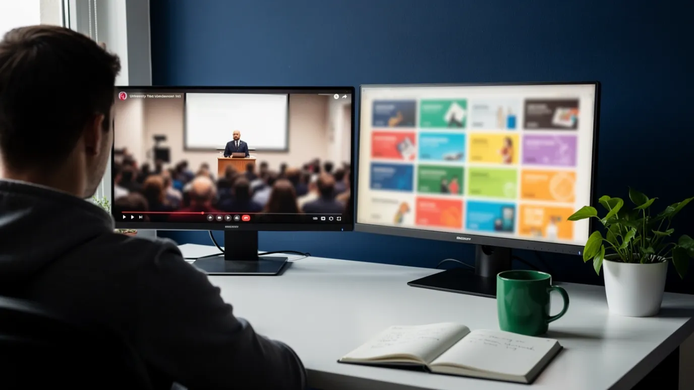 A learner at a desk comparing a Coursera university program and a Udemy course side by side on two screens
