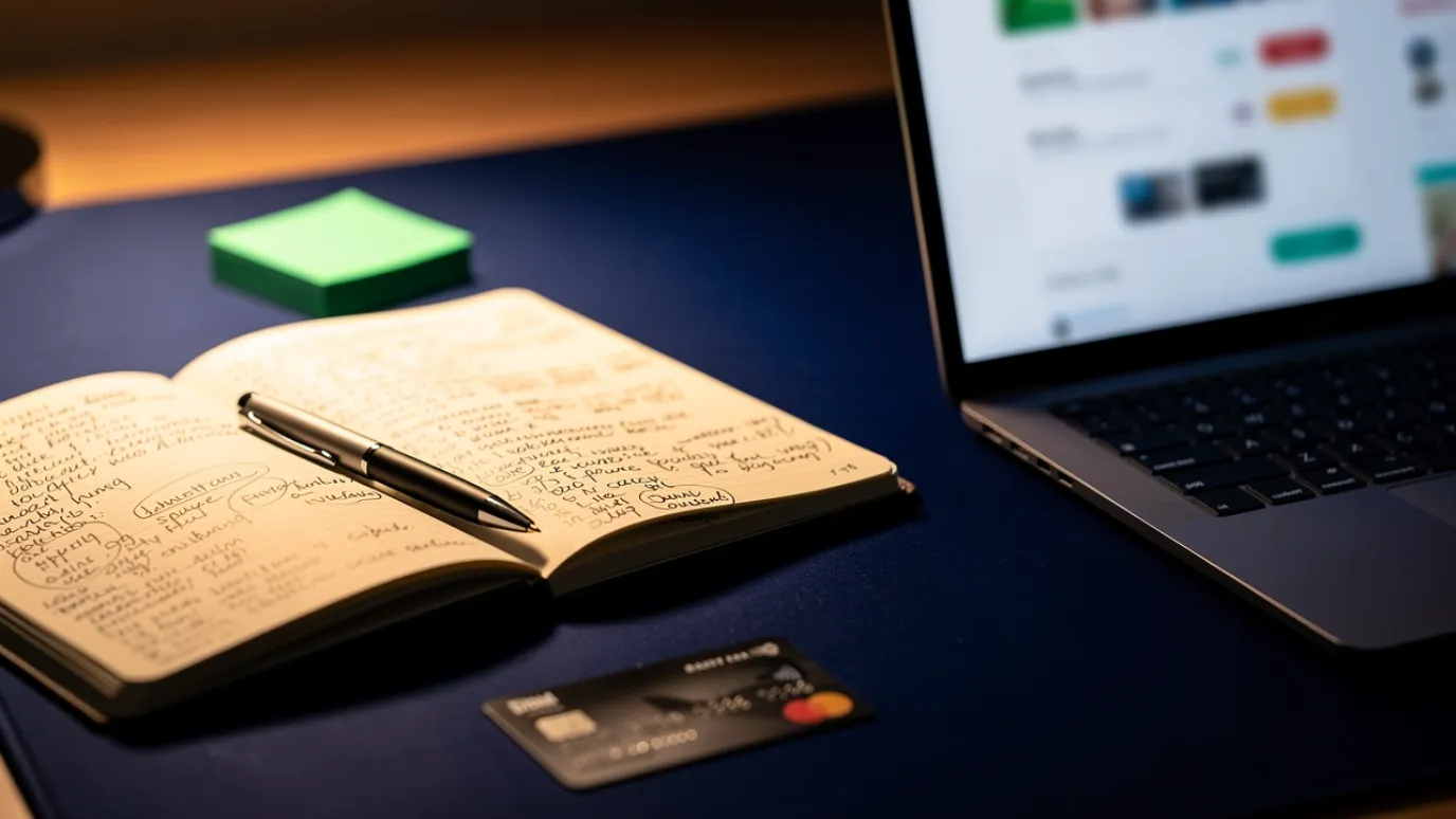 Close-up of a laptop showing an online course checkout page next to a notebook with a monthly budget written out
