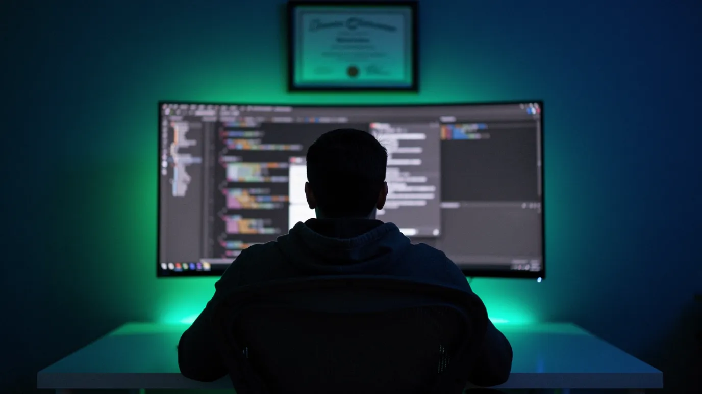 A developer building a portfolio project on a laptop with a printed course certificate pinned to the wall behind the monitor