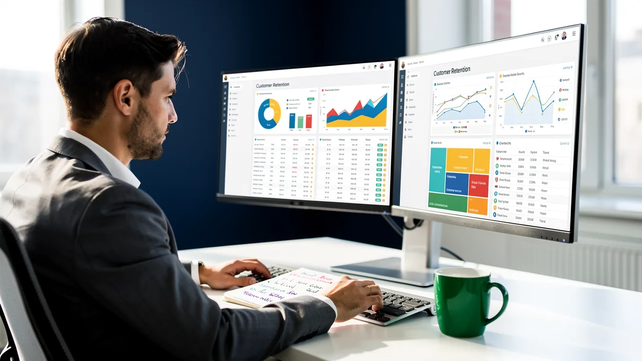 CRM manager reviewing customer lifecycle data on a monitor