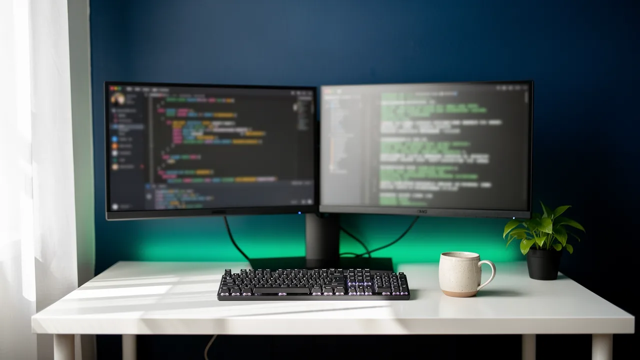 A developer's desk with a code editor open on one monitor and a terminal agent session on the other, comparing Cursor vs Claude Code workflows