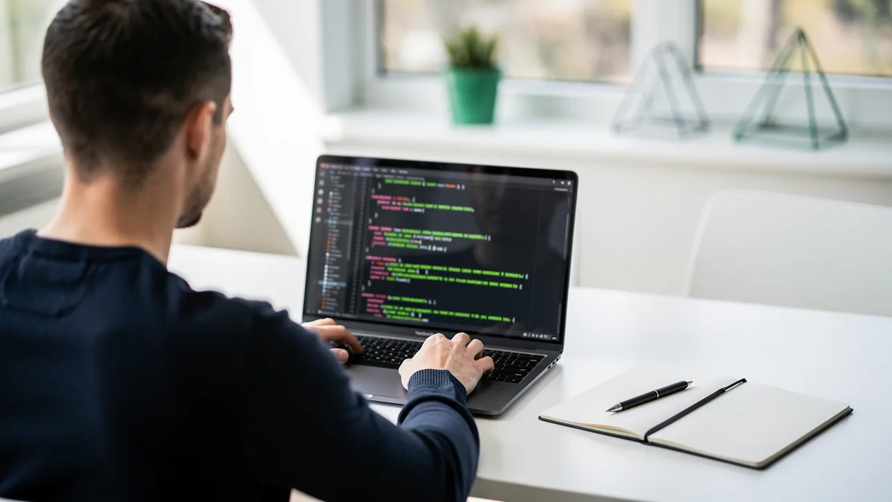 A developer reviewing an AI agent's pull request diff on a laptop, the final step of a Claude Code or Cursor agent workflow