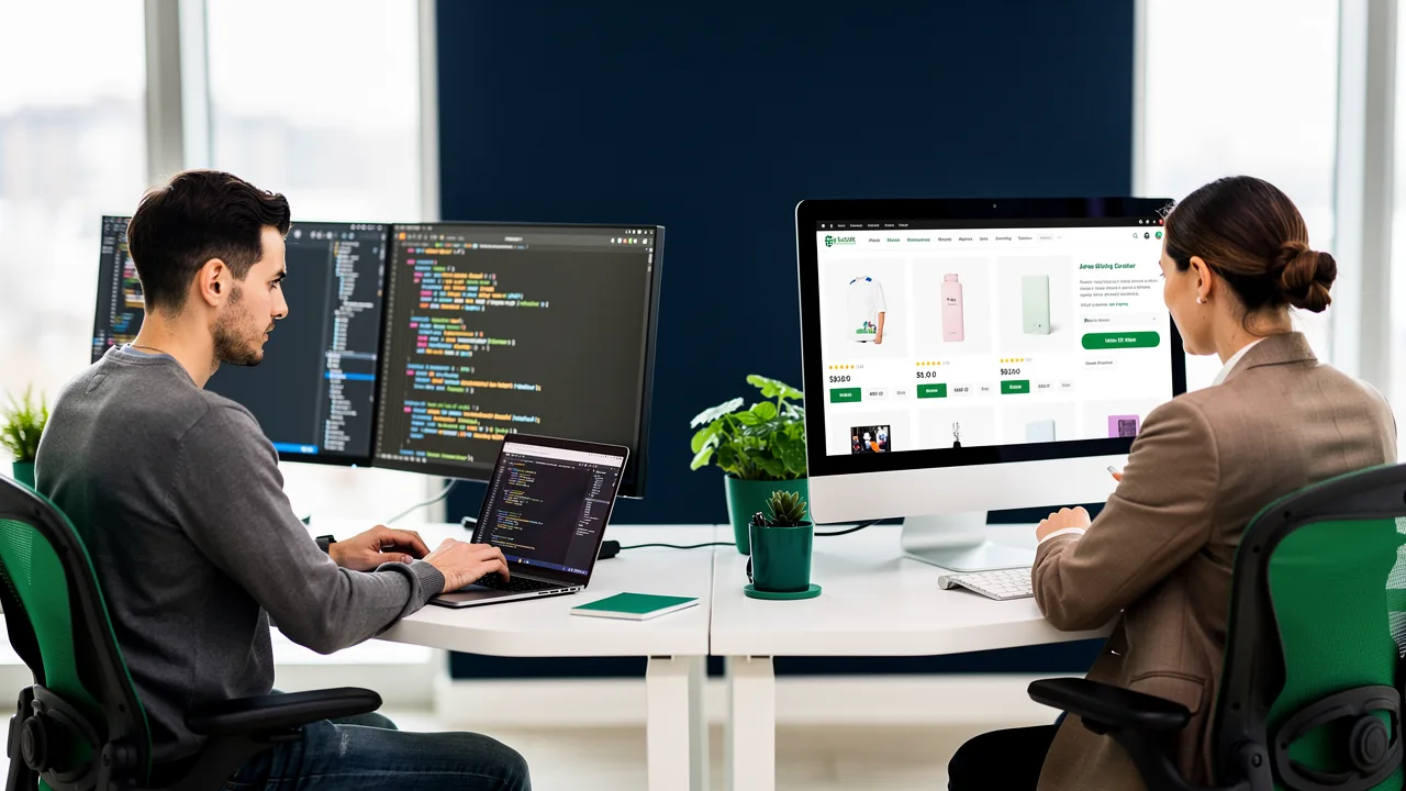 Split view of an ecommerce developer coding and a specialist reviewing store analytics